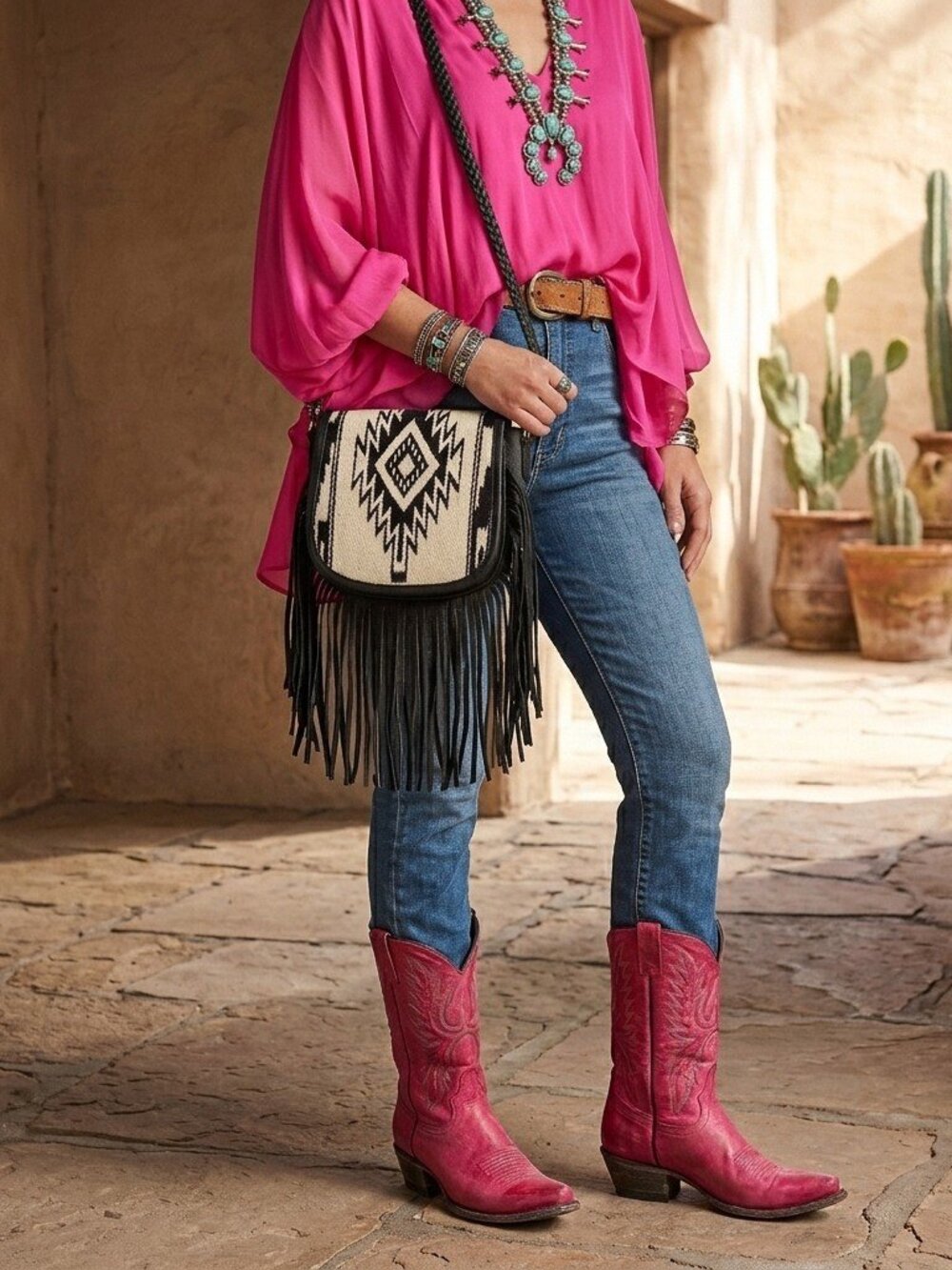 American Darling Fringe Saddle Blanket Western Crossbody Bag-black and white